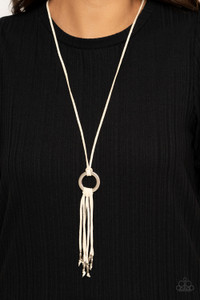 Infused with dainty silver beads, strands of white suede knot at the bottom of an antiqued silver ring, creating a colorfully rustic tassel at the bottom of a lengthened strand of white suede. Features an adjustable sliding bead closure.
Sold as one individual necklace. Includes one pair of matching earrings. Infused with dainty silver beads, strands of white suede knot at the bottom of an antiqued silver ring, creating a colorfully rustic tassel at the bottom of a lengthened strand of white suede. Features an adjustable sliding bead closure.
Sold as one individual necklace. Includes one pair of matching earrings.