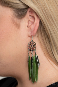 Earthy green feathers and antiqued silver feather charms swing from the bottom of an ornate silver frame, creating a wildly colorful dream-catcher. Earring attaches to a standard fishhook fitting.

Sold as one pair of earrings.