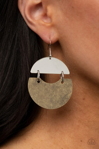 An antiqued brass frame links to a shiny silver crescent, creating a rustic lure. Earring attaches to a standard fishhook fitting.

Sold as one pair of earrings.