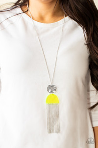 A hammered silver disc connects to a neon yellow half moon acrylic frame at the bottom of a lengthened silver chain. A curtain of shimmery chains stream from the bottom of the stacked pendant, adding flirtatious movement to the colorful display. Features an adjustable clasp closure.
Sold as one individual necklace. Includes one pair of matching earrings. A hammered silver disc connects to a neon yellow half moon acrylic frame at the bottom of a lengthened silver chain. A curtain of shimmery chains stream from the bottom of the stacked pendant, adding flirtatious movement to the colorful display. Features an adjustable clasp closure.
Sold as one individual necklace. Includes one pair of matching earrings.