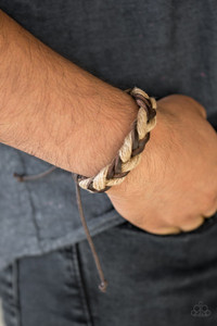 Brown leather cording and earthy strands of twine braid across the wrist for a seasonal look. Features an adjustable sliding knot closure.

Sold as one individual bracelet.