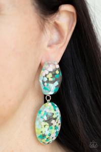 Featuring multicolored confetti-like flakes, a clear acrylic oval frame swings from the bottom of a matching hexagonal frame, creating a bubbly lure. Earring attaches to a standard post fitting.
Sold as one pair of post earrings. Featuring multicolored confetti-like flakes, a clear acrylic oval frame swings from the bottom of a matching hexagonal frame, creating a bubbly lure. Earring attaches to a standard post fitting.
Sold as one pair of post earrings.
