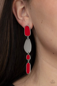 Painted in a fiery red finish, a shiny collection of asymmetrical frames link with a glistening silver frame, creating an abstract lure. Earring attaches to a standard post fitting.

Sold as one pair of post earrings.