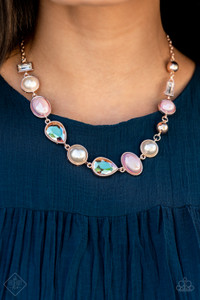 A collection of classic white pearls, Pale Rosette pearls glazed in a reflective finish, and iridescent teardrops dance along the collar in an ethereal display. Rose gold frames encase each bead, adding a romantic vibe to the vintage-inspired design, as a pair of emerald cut gems and solid rose gold beads round out the mismatched collection. Features an adjustable clasp closure.
Sold as one individual necklace. Includes one pair of matching earrings. A collection of classic white pearls, Pale Rosette pearls glazed in a reflective finish, and iridescent teardrops dance along the collar in an ethereal display. Rose gold frames encase each bead, adding a romantic vibe to the vintage-inspired design, as a pair of emerald cut gems and solid rose gold beads round out the mismatched collection. Features an adjustable clasp closure.
Sold as one individual necklace. Includes one pair of matching earrings.