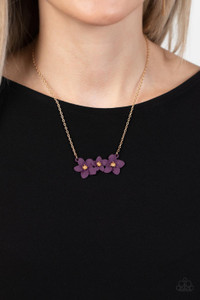 Featuring pronged gold centers, a trio of overlapping plum flowers in a flawless matte finish delicately connects to a dainty gold chain below the collar for a whimsical floral fashion. Features an adjustable clasp closure.

Sold as one individual necklace. Includes one pair of matching earrings.