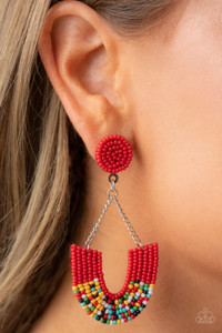 Adorned in sections of red and multicolored seed beaded accents, a colorful rainbow swings from the bottom of shimmery silver chains that attach to a red seed beaded disc for a bohemian inspired fashion. Earring attaches to a standard post fitting.
Sold as one pair of post earrings. Adorned in sections of red and multicolored seed beaded accents, a colorful rainbow swings from the bottom of shimmery silver chains that attach to a red seed beaded disc for a bohemian inspired fashion. Earring attaches to a standard post fitting.
Sold as one pair of post earrings.
