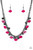 Featuring cloudy and glassy finishes, faceted pink crystal-like beads swing from the bottom of a glistening gunmetal chain. Faceted gunmetal beads join the pink beading, creating a flirtatious fringe below the collar. Features an adjustable clasp closure.

Sold as one individual necklace. Includes one pair of matching earrings.