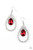 An oversized red teardrop rhinestone drips from the top of a shimmery silver teardrop frame encrusted in blinding white rhinestones for a dramatic effect. Earring attaches to a standard fishhook fitting.

Sold as one pair of earrings.
