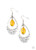 A dewy yellow cat's eye teardrop swings from the top of a shimmery silver teardrop frame that features whimsical floral filigree detail. Earring attaches to a standard fishhook fitting.

Sold as one pair of earrings.