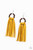 A trio of yellow suede tassels are knotted in place at the bottom of a wooden beaded frame, creating an earthy fringe. Earring attaches to a standard fishhook fitting.

Sold as one pair of earrings.