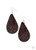 Embossed in a leafy palm-like pattern, an earthy brown leather teardrop swings from the ear for a whimsical look. Earring attaches to a standard fishhook fitting.

Sold as one pair of earrings.