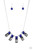 A sparkly row of oversized blue gems regally sit atop emerald cut smoky rhinestone bases as they delicately link along a dainty silver chain below the collar, resulting in a royal glamorous centerpiece. Features an adjustable clasp closure.

Sold as one individual necklace. Includes one pair of matching earrings.