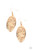 Featuring a high sheen gold finish, elegant frills and dotted designs blossom inside an oval frame create a swirling botanical allure. Earring attaches to a standard fishhook fitting.

Sold as one pair of earrings.