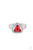 A triangular red gem sits atop silver pronged fittings attached to a triangular white rhinestone encrusted frame, creating the illusion of a floating centerpiece atop two dainty bands of white rhinestones. Features a dainty stretchy band for a flexible fit.

Sold as one individual ring.