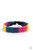 Colorful sections of pink, red, yellow, green, blue, and purple cords ornately wrap and weave around three black bands, coalescing into a radiant rainbow around the wrist. Features an adjustable sliding knot closure.

Sold as one individual bracelet.