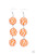 A woven collection of orange and white crepe-like strings ornately wraps around three hanging beads, reminiscent of decorative party lanterns. Earring attaches to a standard fishhook fitting.

Sold as one pair of earrings.