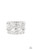 Row after row of radiantly mismatched white rhinestones and glistening silver bands haphazardly stack across the finger, coalescing into a dramatic display of dazzle. Features a stretchy band for a flexible fit.

Sold as one individual ring.