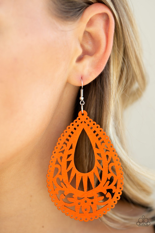 Painted in a vivacious orange or purple finish, an airy wooden frame swirling with filigree detail swings from the ear for a seasonal look. Earring attaches to a standard fishhook fitting.

Sold as one pair of earrings.