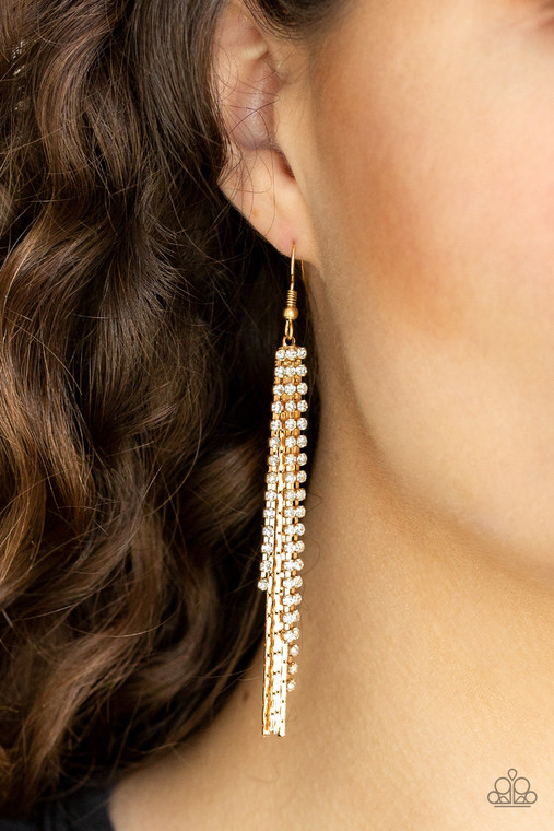 Strands of ornate gold chains and glittery white rhinestones stream from the ear, coalescing into a glamorous tassel. Earring attaches to a standard fishhook fitting.

Sold as one pair of earrings.