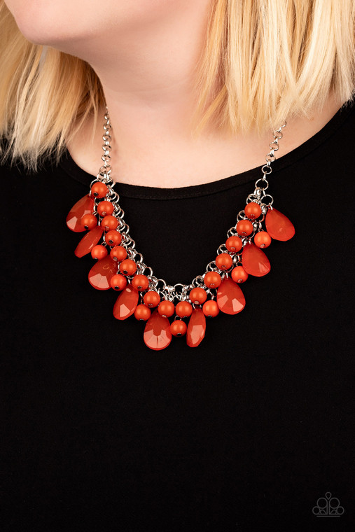 Rows of shiny orange beads and glassy faceted orange teardrops cascade from rows of interlocking silver chains, creating a flirtatious fringe below the collar. Features an adjustable clasp closure.

Sold as one individual necklace. Includes one pair of matching earrings.