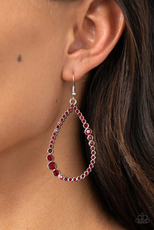 Sections of glittery red rhinestones coalesce into a sparkly teardrop. Earring attaches to a standard fishhook fitting.

Sold as one pair of earrings.