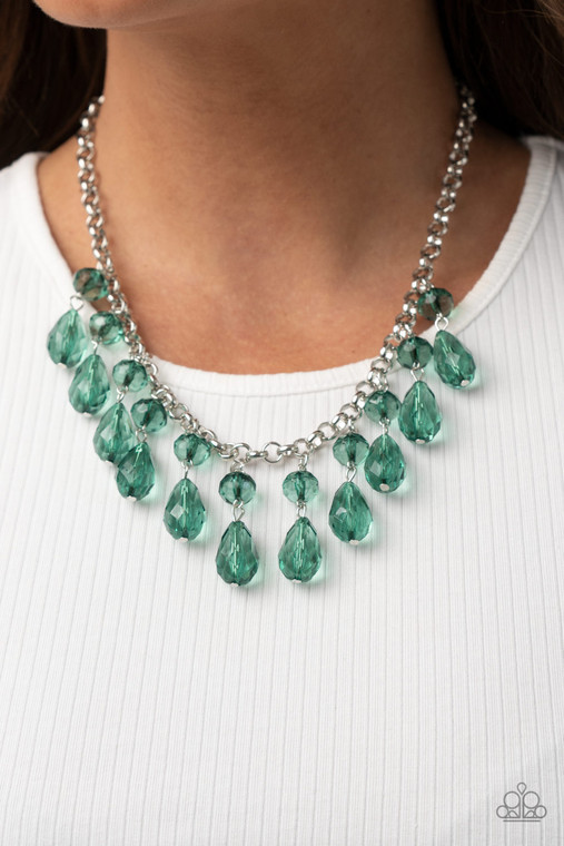 Featuring round and teardrop cuts, Ultramarine Green crystal-like tassels dangle from the bottom of a shimmery silver chain, creating an enchanting fringe below the collar. Features an adjustable clasp closure.

Sold as one individual necklace. Includes one pair of matching earrings.