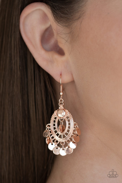 Dainty rose gold discs dangle from the bottom of an ornate rose gold frame, creating a dainty fringe. Earring attaches to a standard fishhook fitting.

Sold as one pair of earrings.