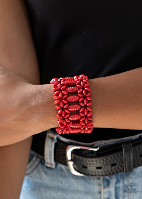Painted in a fiery red finish, round and oval wooden beads are threaded along stretchy bands that weave into a colorful floral patterned stretch bracelet around the wrist.

Sold as one individual bracelet.