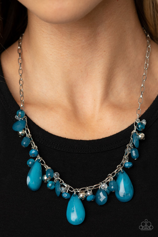 Featuring classic round and tranquil teardrop shapes, a glassy and opaque collection of blue, silver, and white beads swing from a shimmery silver chain below the collar, creating an enchanting fringe. Features an adjustable clasp closure.

Sold as one individual necklace. Includes one pair of matching earrings.