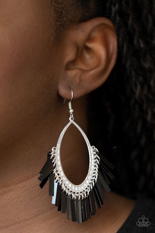 Featuring a shiny black metallic finish, flat rectangular rods dangle from the bottom of a textured silver frame, creating an edgy fringe. Earring attaches to a standard fishhook fitting.

Sold as one pair of earrings.