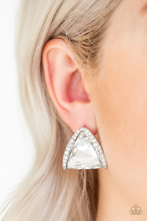 Featuring a regal triangular cut, an oversized white gem is nestled in an angled silver frame radiating with dainty white rhinestones for a glamorous look. Earring attaches to a standard post fitting.

Sold as one pair of post earrings.