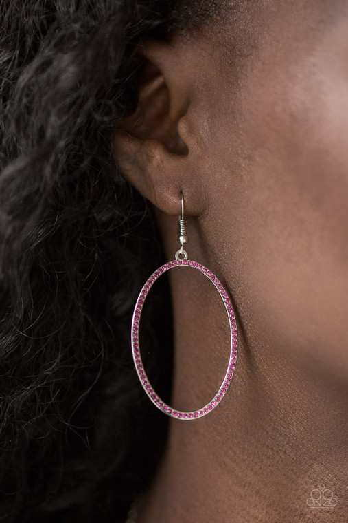 Encrusted in glassy pink rhinestones, an airy silver hoop swings from the ear for a refined fashion. Earring attaches to a standard fishhook fitting.

Sold as one pair of earrings.