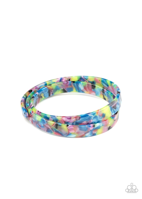 Featuring a multicolored tortoise shell-like pattern, a colorful acrylic band delicately wraps around the wrist, creating a retro infinity bracelet.

Sold as one individual bracelet.