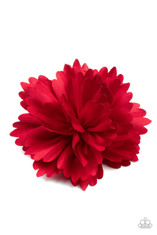 Layers of scalloped red petals gather into an elegant satin blossom, creating a timeless display. Features a standard hair clip on the back.

Sold as one individual hair clip.