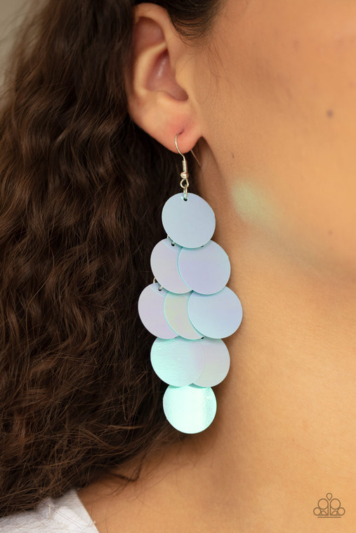 Bubbly blue iridescent discs cascade from the ear, coalescing into an effervescent lure. Earring attaches to a standard fishhook fitting.

Sold as one pair of earrings.