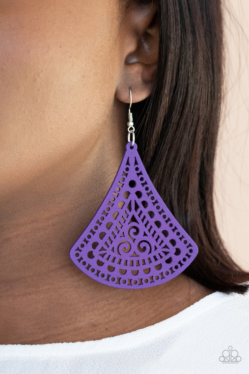 Painted in a vivacious purple finish, a triangular wooden frame is cutout in an airy stenciled pattern for a whimsical look. Earring attaches to a standard fishhook fitting.

Sold as one pair of earrings.