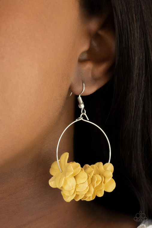 Featuring the sunny shade of Illuminating, a collection of yellow paper-like flowers are threaded along a dainty silver hoop, creating a flirtatious floral fringe. Earring attaches to a standard fishhook fitting.

Sold as one pair of earrings.