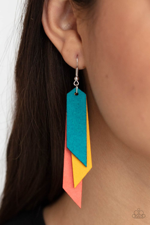 Paparazzi Accessories Suede Shade - Multi Earrings featuring angled edges, a colorful collection of blue, coral, and yellow suede leather frames layer into a tapered tassel for a seasonal effect. Earring attaches to a standard fishhook fitting.

Sold as one pair of earrings.