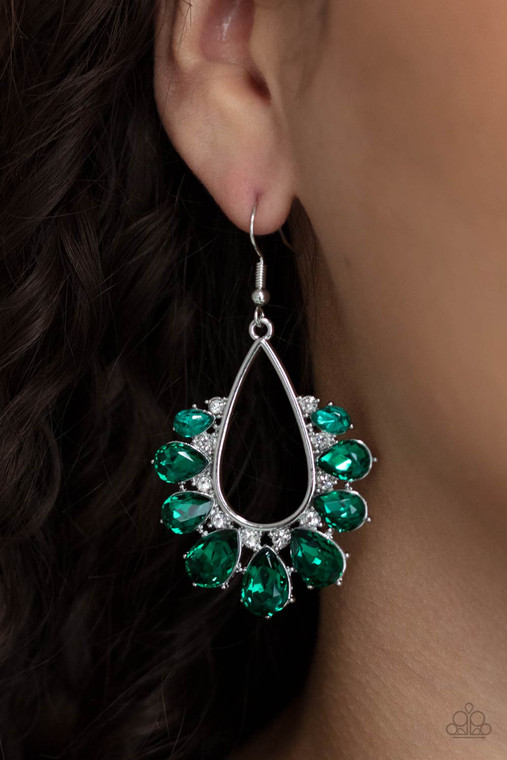 Gradually increasing in size, a glittery collection of green teardrop rhinestones fan out from a white rhinestone dotted silver teardrop frame, creating a sparkly statement. Earring attaches to a standard fishhook fitting.

Sold as one pair of earrings.