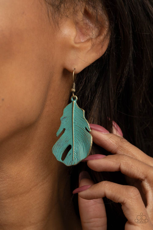 Brushed in a patina finish, a lifelike brass feather swings from the ear for a free-spirited fashion. Earring attaches to a standard fishhook fitting.

Sold as one pair of earrings.