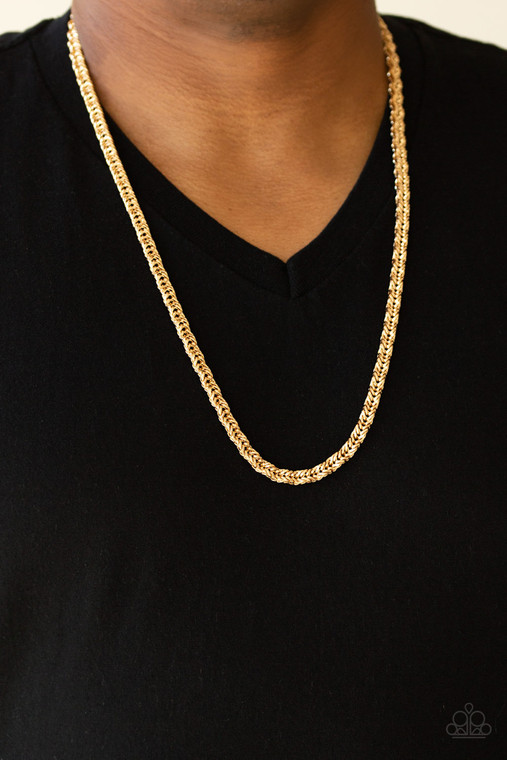 Brushed in a high-sheen finish, an ornate gold chain drapes across the chest for a bold look. Features an adjustable clasp closure.

Sold as one individual necklace.