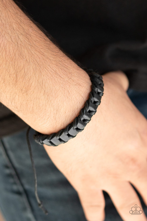 Shiny black cording threads through the center of a black leather band, creating a rustic display. Features an adjustable sliding knot closure.

Sold as one individual.