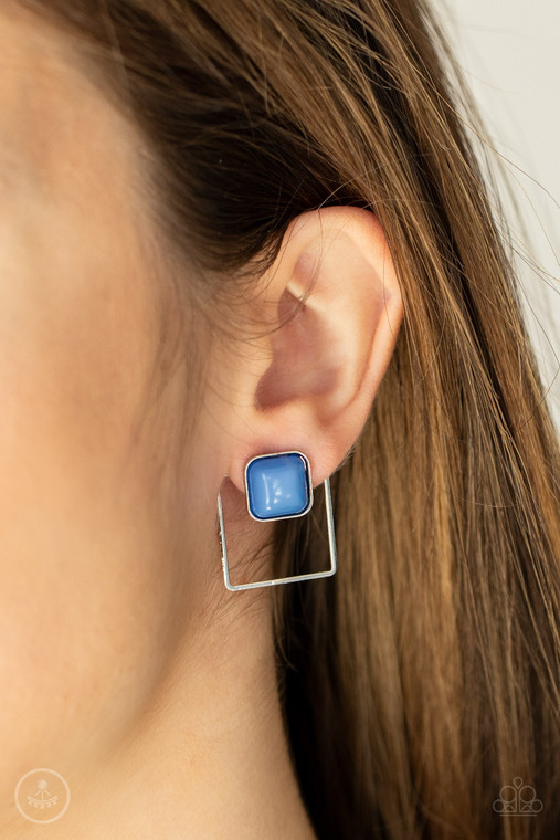 A bubbly French Blue square bead attaches to a double-sided post, while an airy silver square frame peeks out beneath the ear for a bold look. Earring attaches to a standard post fitting.

Sold as one pair of post earrings.