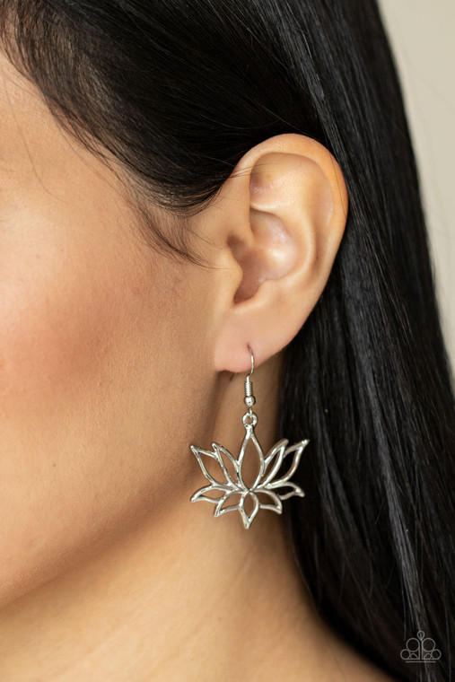 Brushed in a high sheen shimmer, an oversized silver lotus swings from the ear for a seasonal fashion. Earring attaches to a standard fishhook fitting.

Sold as one pair of earrings.