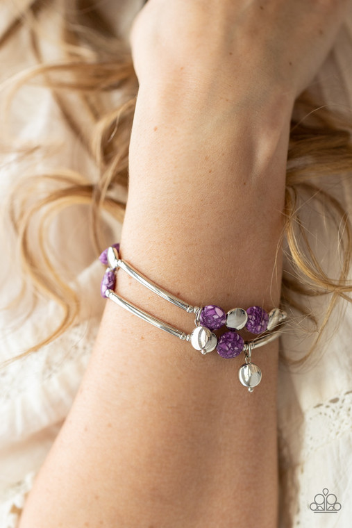 Featuring a colorful terrazzo finish, purple stone beads join flat and cylindrical silver beads along stretchy bands around the wrist, creating seasonal layers.

Sold as one pair of bracelets.