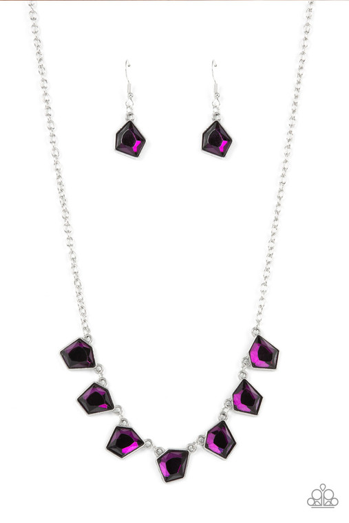 Featuring a flashy faceted finish, imperfect purple gems delicately link below the collar for an edgy pop of glitzy iridescence. Features an adjustable clasp closure.

Sold as one individual necklace. Includes one pair of matching earrings.