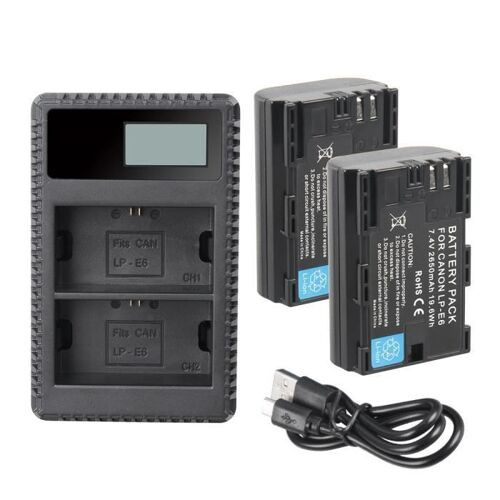 Deux batteries de rechange et chargeur LP-E6, LP-E6N pour Canon EOS 80D, 70D, 60D, 7D, 6D, 5D, 5D Mark III, 5D Mark II, appareil pho