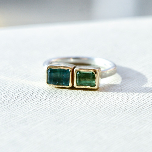 Double Green Tourmaline Ring Gold and Silver Double Green Tourmaline Ring Gold and Silver