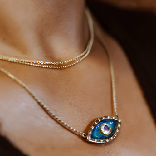 BE BOLD Evil Eye Necklace Moonstone Braided Chain 14kt Gold