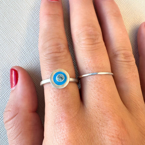 Blue Topaz Enamel En Soleil Silver Ring